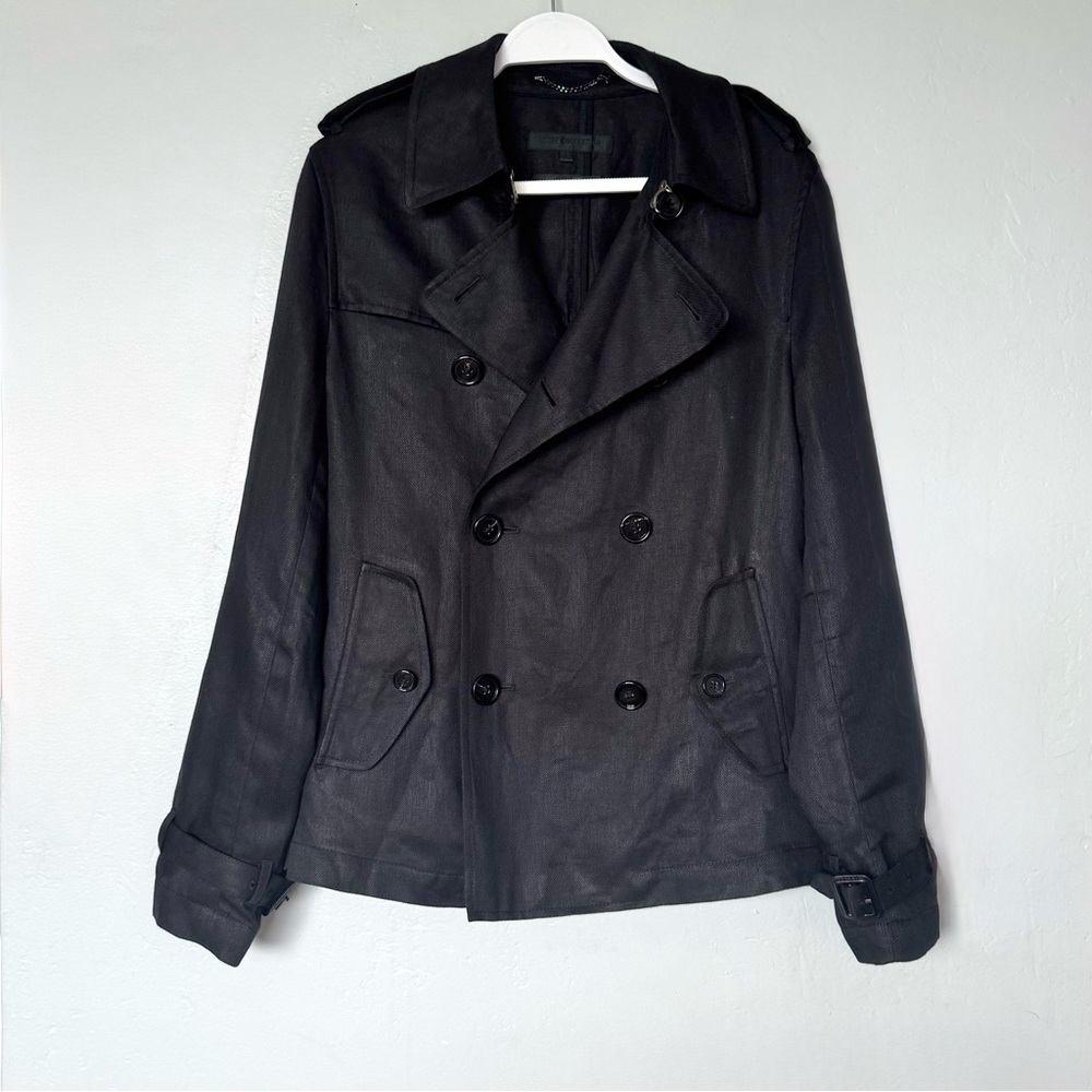 Izzue Collection Black Linen Double Breast Short Trench Coat Size 46/S US